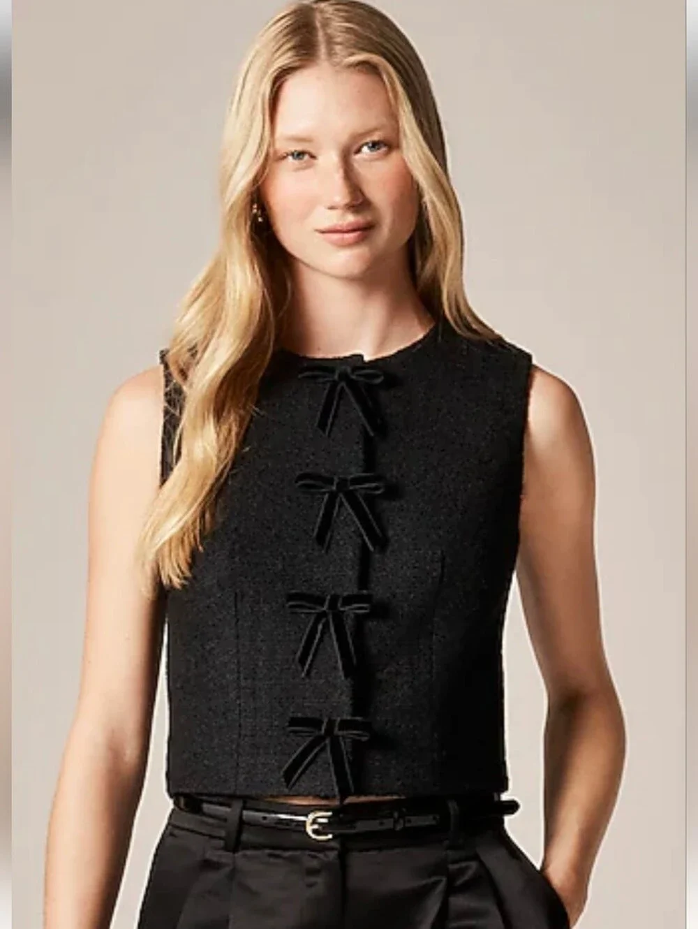 NWT J. Crew Ora Tessuti Fabric Black Tweed Crewneck Vest With Velvet Bows Size 6